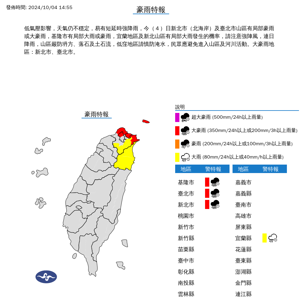 快訊／山陀兒前腳才剛走！「4縣市」豪大雨特報　雷雨轟炸北台灣一片紅