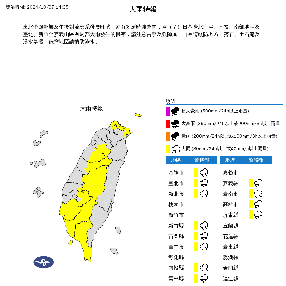 快訊／午後雨區擴大！「12縣市」大雨特報　中南部一片黃...小心強風雷擊